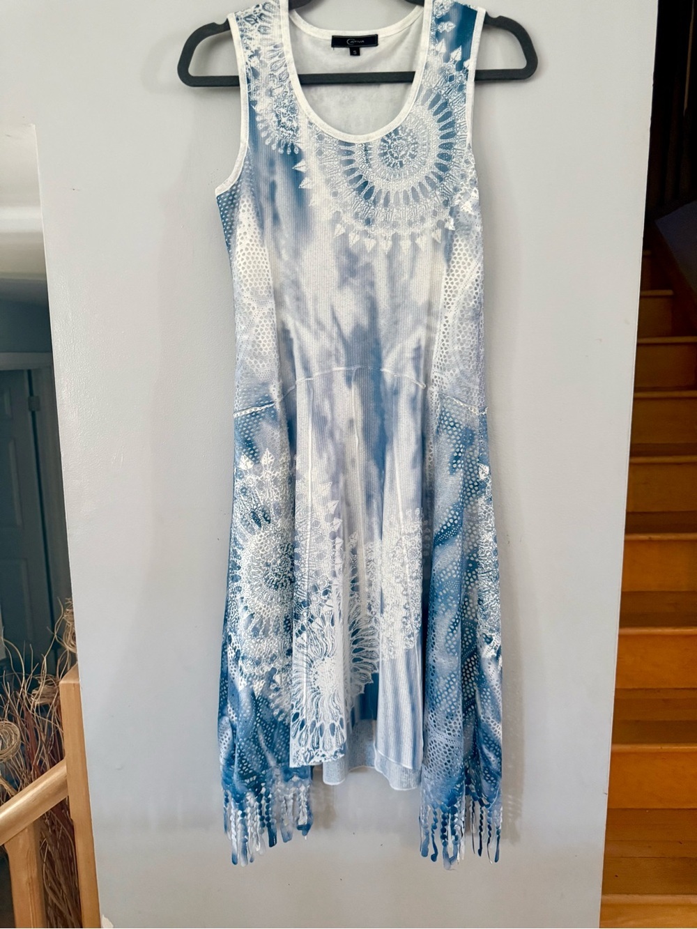👗 Cativa Boho Sleeveless Midi Dress - Blue Tie-Dye Mandala Fringe (Size S) - EUC